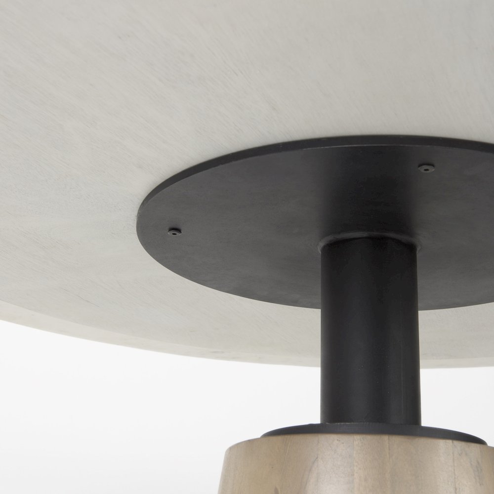 Maxwell White Marble Round Top Black Metal and Wood Pedestal Base Dining Table. Picture 10