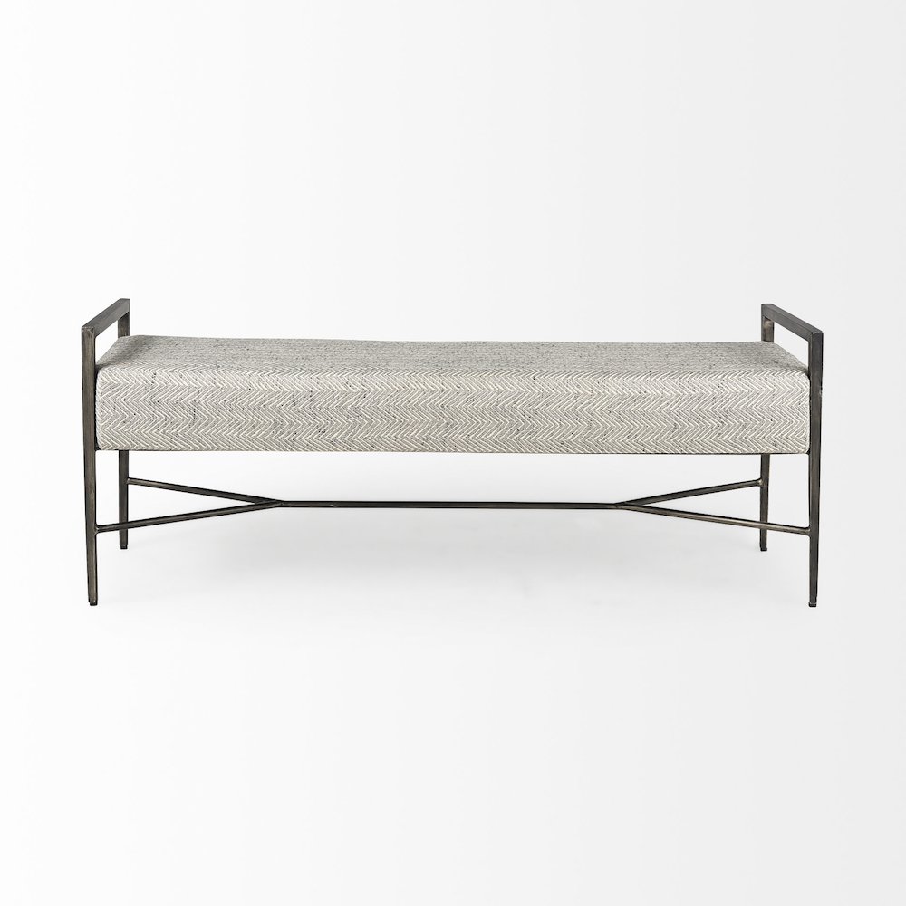 55.0L Gray Herringbone Fabric Seat Antique Nickel Metal Frame Bench. Picture 4