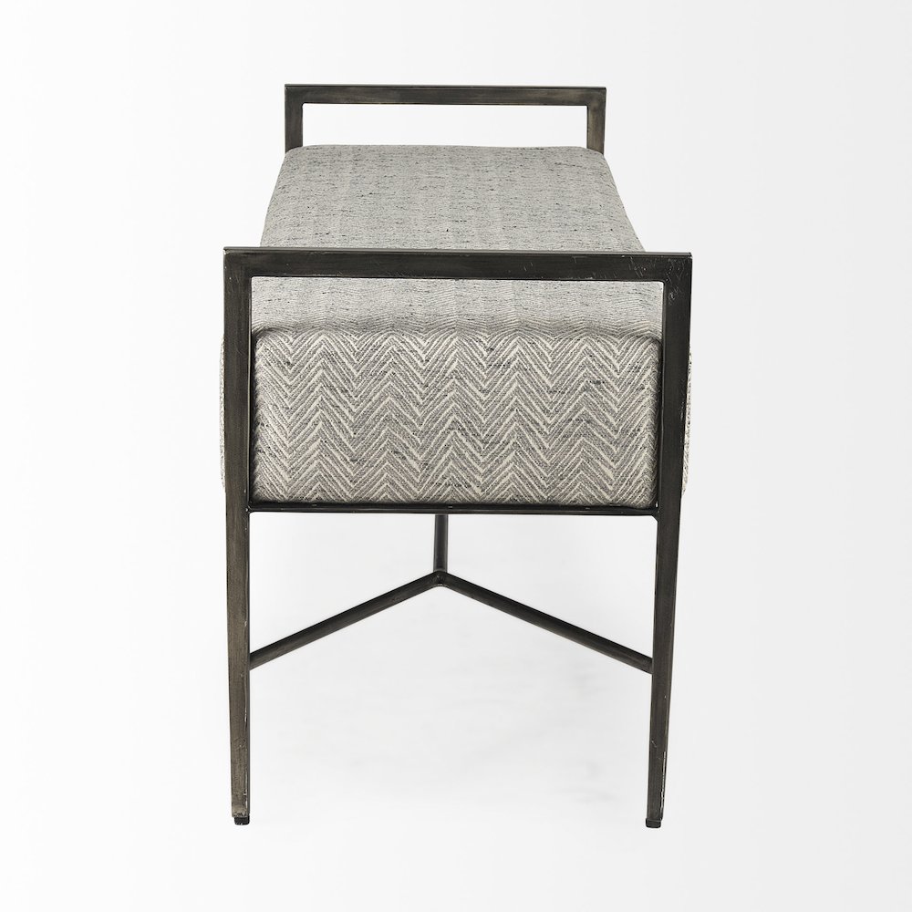 55.0L Gray Herringbone Fabric Seat Antique Nickel Metal Frame Bench. Picture 5