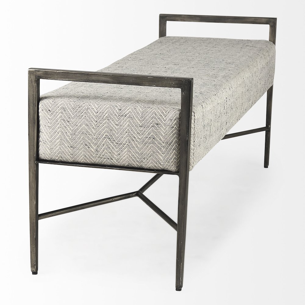 55.0L Gray Herringbone Fabric Seat Antique Nickel Metal Frame Bench. Picture 6