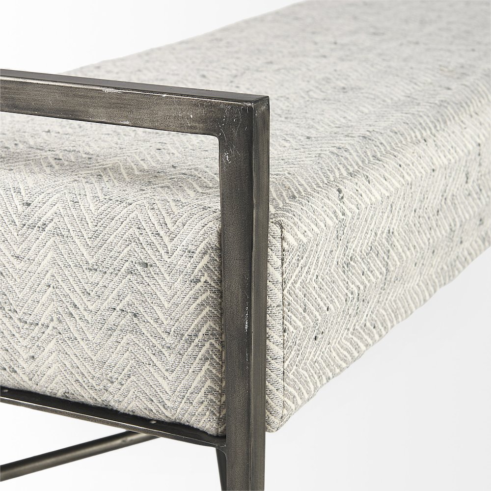 55.0L Gray Herringbone Fabric Seat Antique Nickel Metal Frame Bench. Picture 7