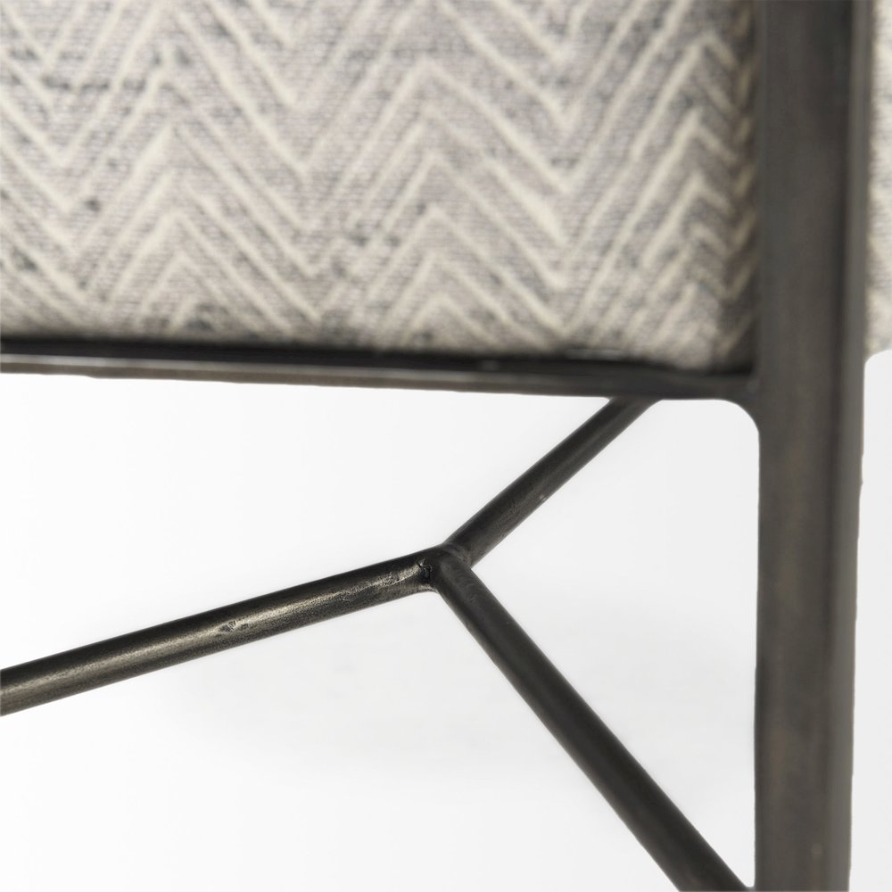55.0L Gray Herringbone Fabric Seat Antique Nickel Metal Frame Bench. Picture 8