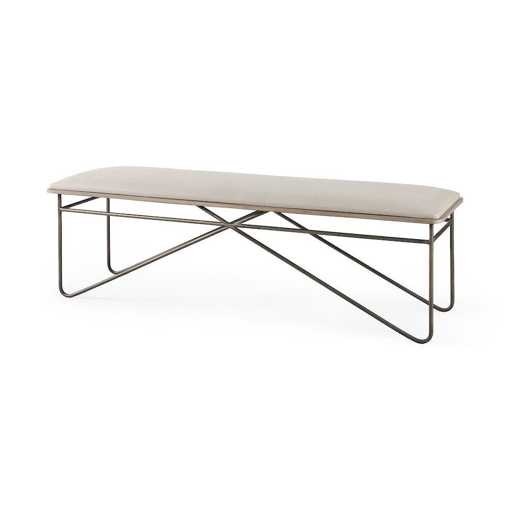 55.5L X 16.0W X 17.0H Cream Fabric Seat Metal Frame Bench. Picture 1