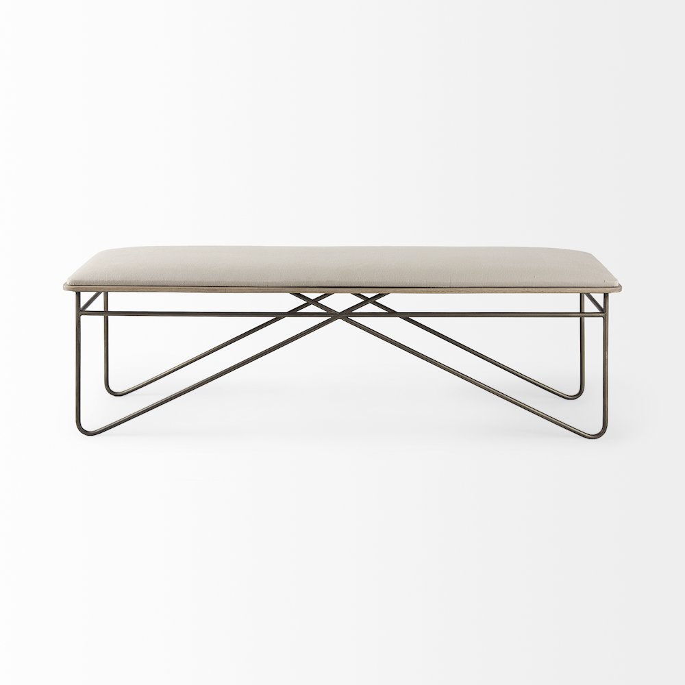 55.5L X 16.0W X 17.0H Cream Fabric Seat Metal Frame Bench. Picture 5