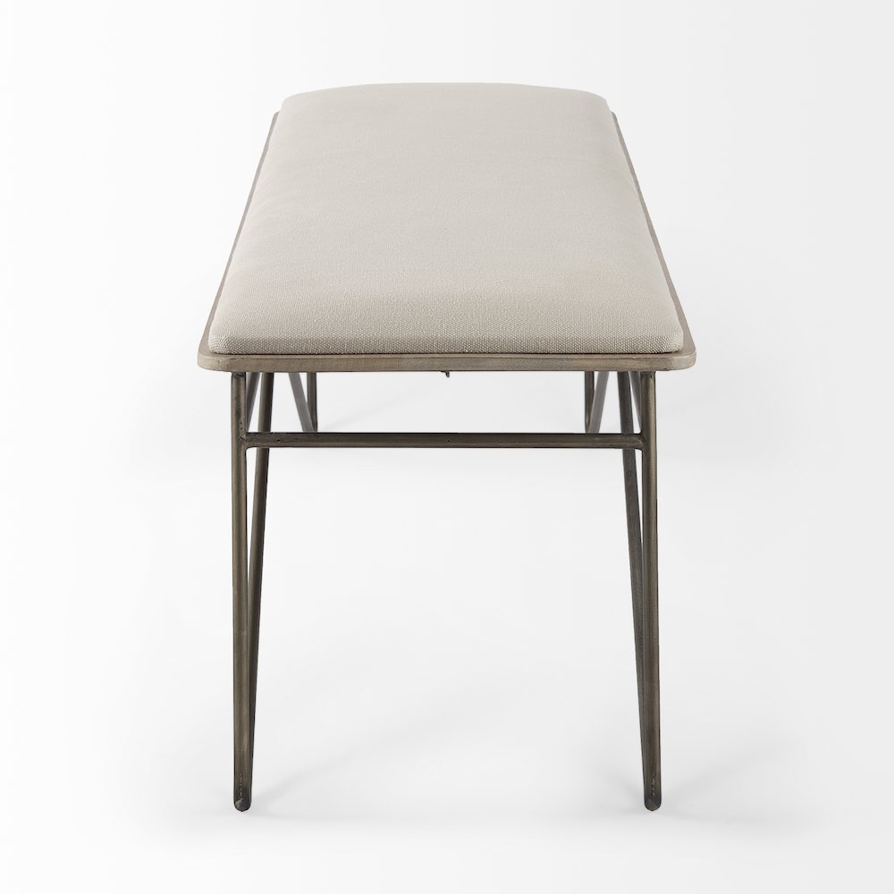 55.5L X 16.0W X 17.0H Cream Fabric Seat Metal Frame Bench. Picture 6