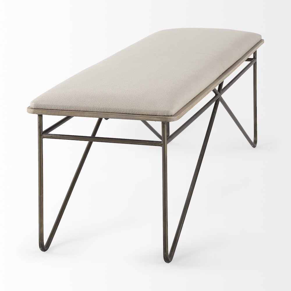 55.5L X 16.0W X 17.0H Cream Fabric Seat Metal Frame Bench. Picture 7
