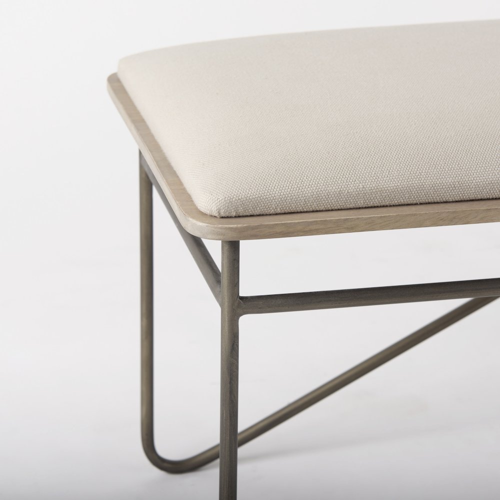 55.5L X 16.0W X 17.0H Cream Fabric Seat Metal Frame Bench. Picture 8