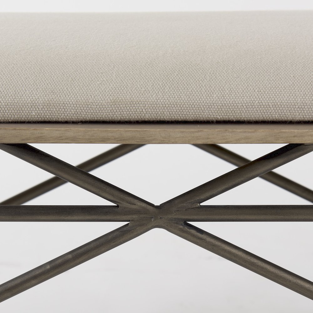 55.5L X 16.0W X 17.0H Cream Fabric Seat Metal Frame Bench. Picture 10