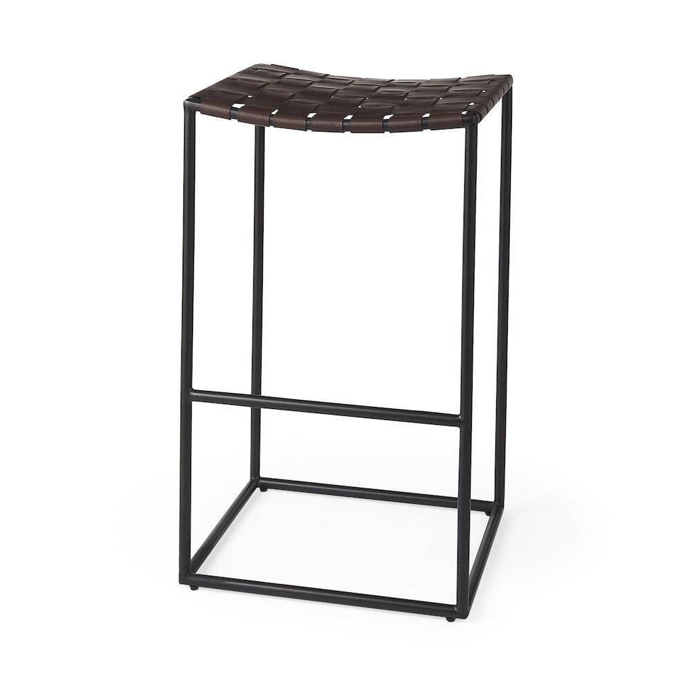 18.0L X 16.0W X 30.25H Dark Brown Woven Leather Seat Black Metal Frame Bar Stool. Picture 1