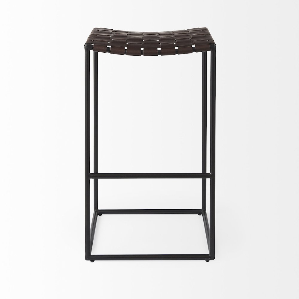 18.0L X 16.0W X 30.25H Dark Brown Woven Leather Seat Black Metal Frame Bar Stool. Picture 5