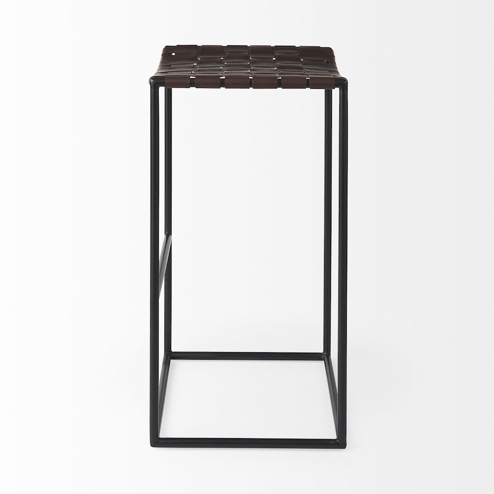18.0L X 16.0W X 30.25H Dark Brown Woven Leather Seat Black Metal Frame Bar Stool. Picture 6
