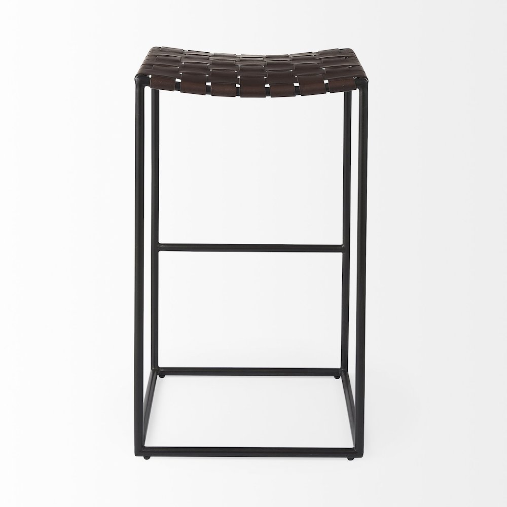 18.0L X 16.0W X 30.25H Dark Brown Woven Leather Seat Black Metal Frame Bar Stool. Picture 7
