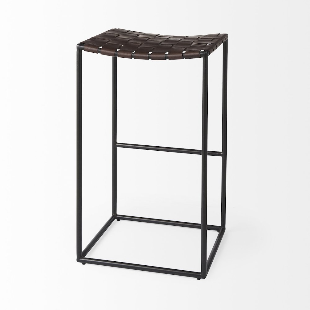 18.0L X 16.0W X 30.25H Dark Brown Woven Leather Seat Black Metal Frame Bar Stool. Picture 8