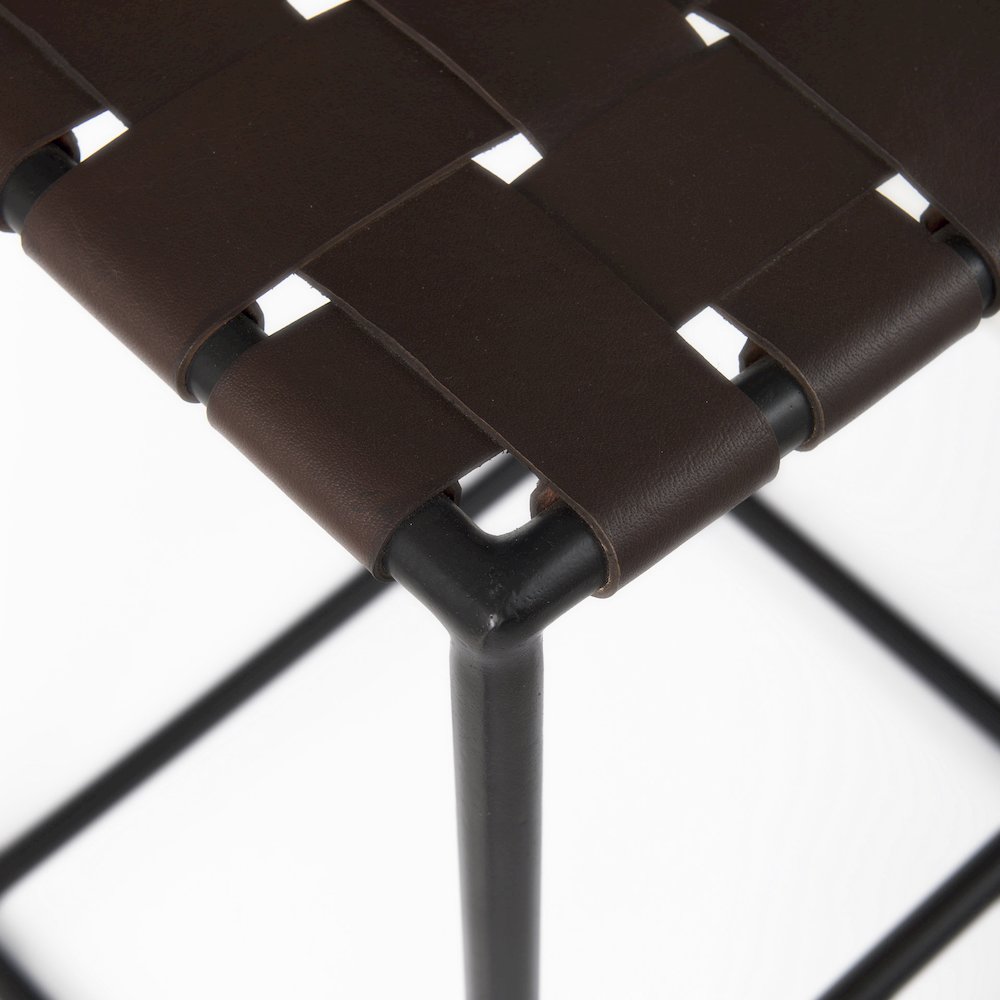 18.0L X 16.0W X 30.25H Dark Brown Woven Leather Seat Black Metal Frame Bar Stool. Picture 9