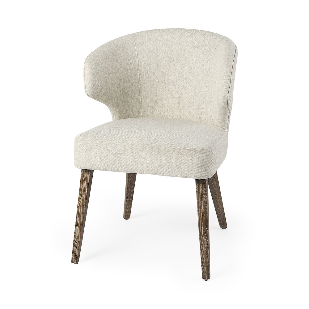Cream Fabric Seat Medium Brown Wooden Legs Wingback Dining Chair. Picture 1