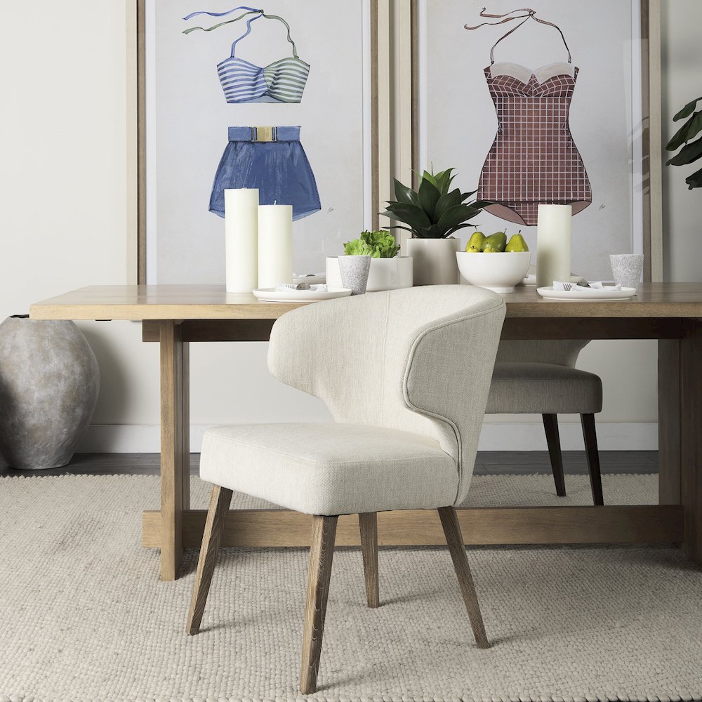 Cream Fabric Seat Medium Brown Wooden Legs Wingback Dining Chair. Picture 6