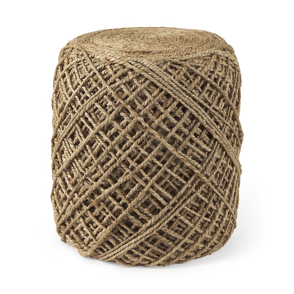Allium Brown Handwoven Wool Cylindrical Pouf. Picture 1