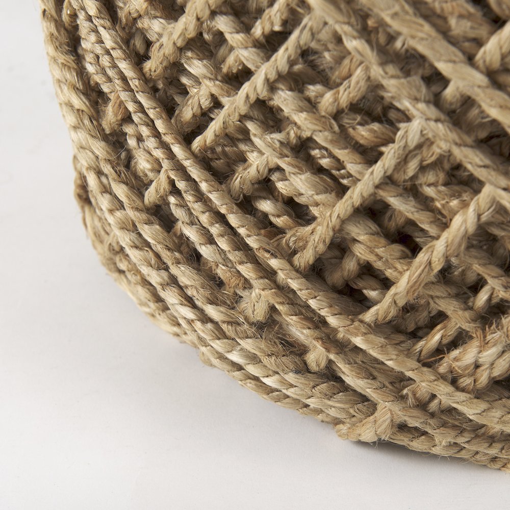 Allium Brown Handwoven Wool Cylindrical Pouf. Picture 4