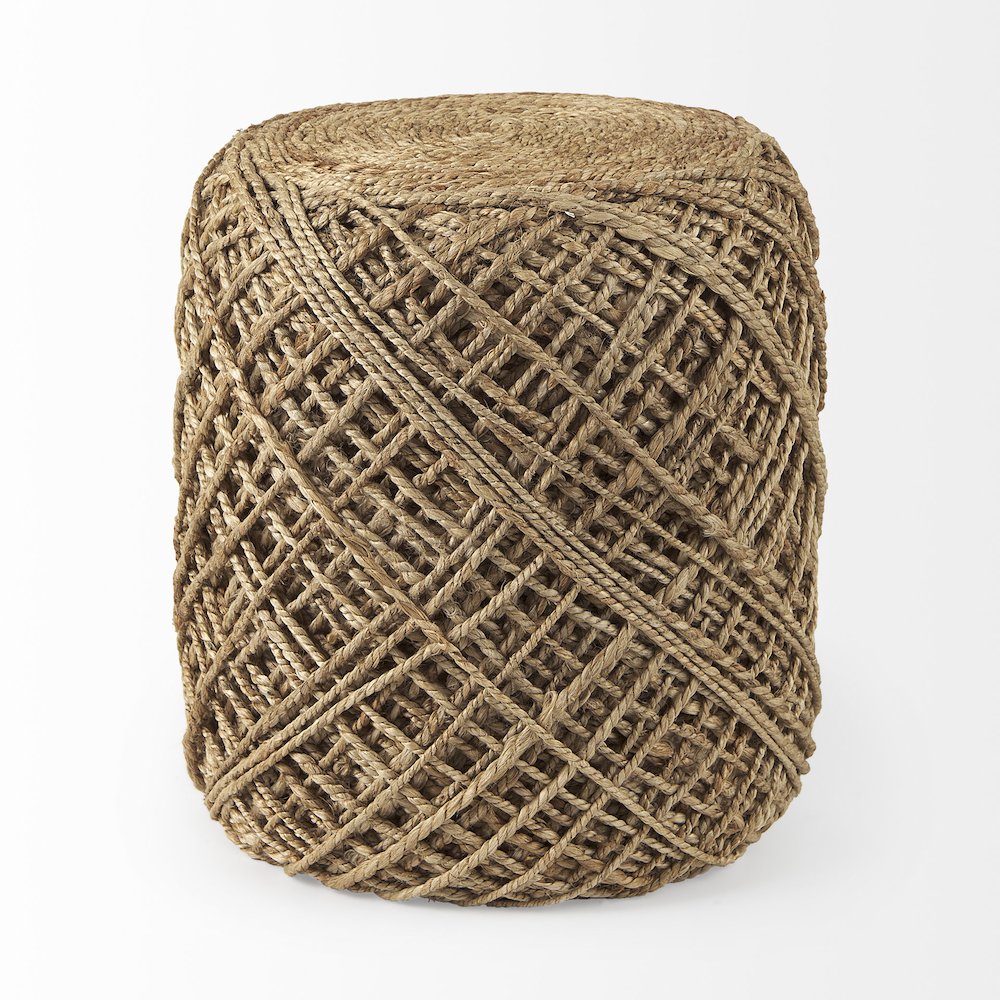 Allium Brown Handwoven Wool Cylindrical Pouf. Picture 9