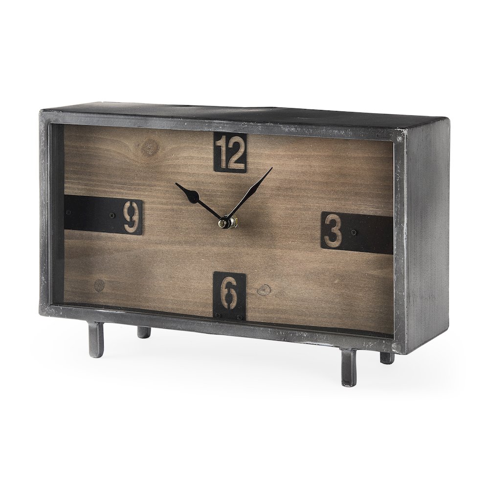 Harvey 13.0L x 4.5W x 8.1H Black Metal and Wood Rectangular Table Clock. Picture 1