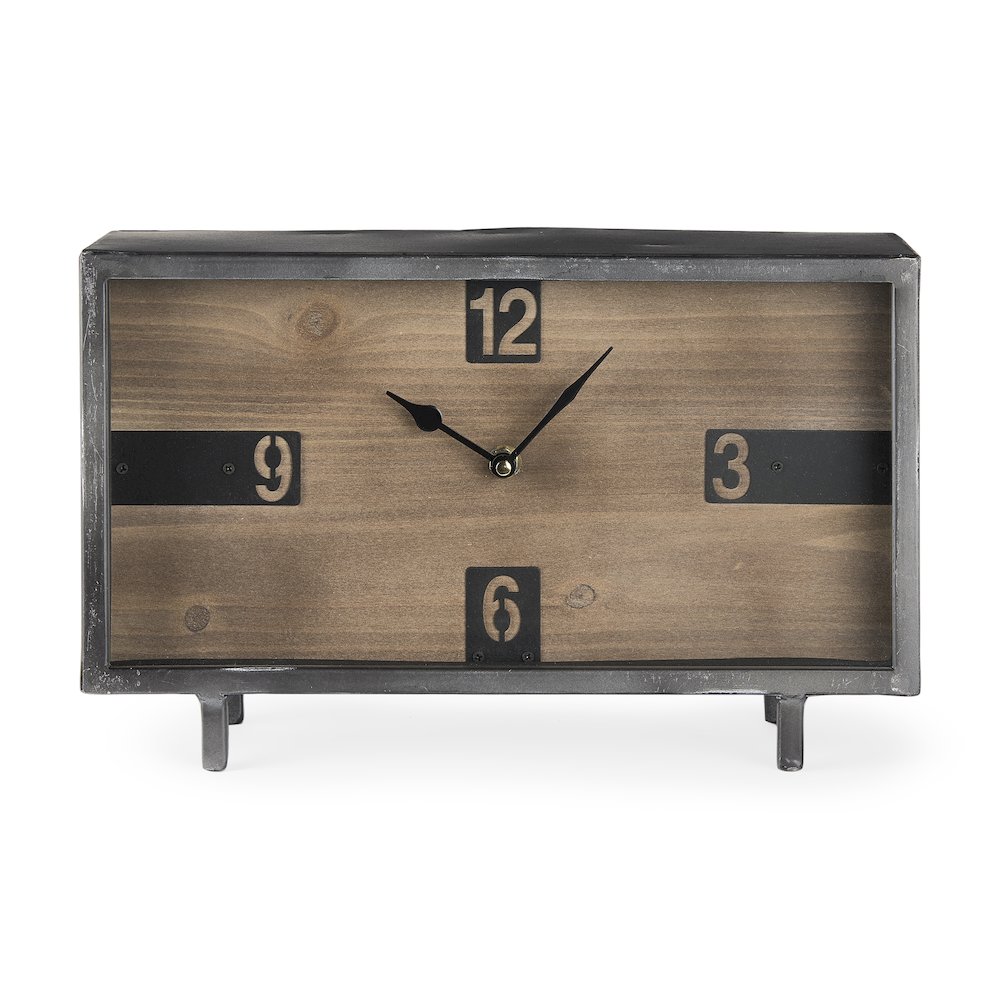 Harvey 13.0L x 4.5W x 8.1H Black Metal and Wood Rectangular Table Clock. Picture 2