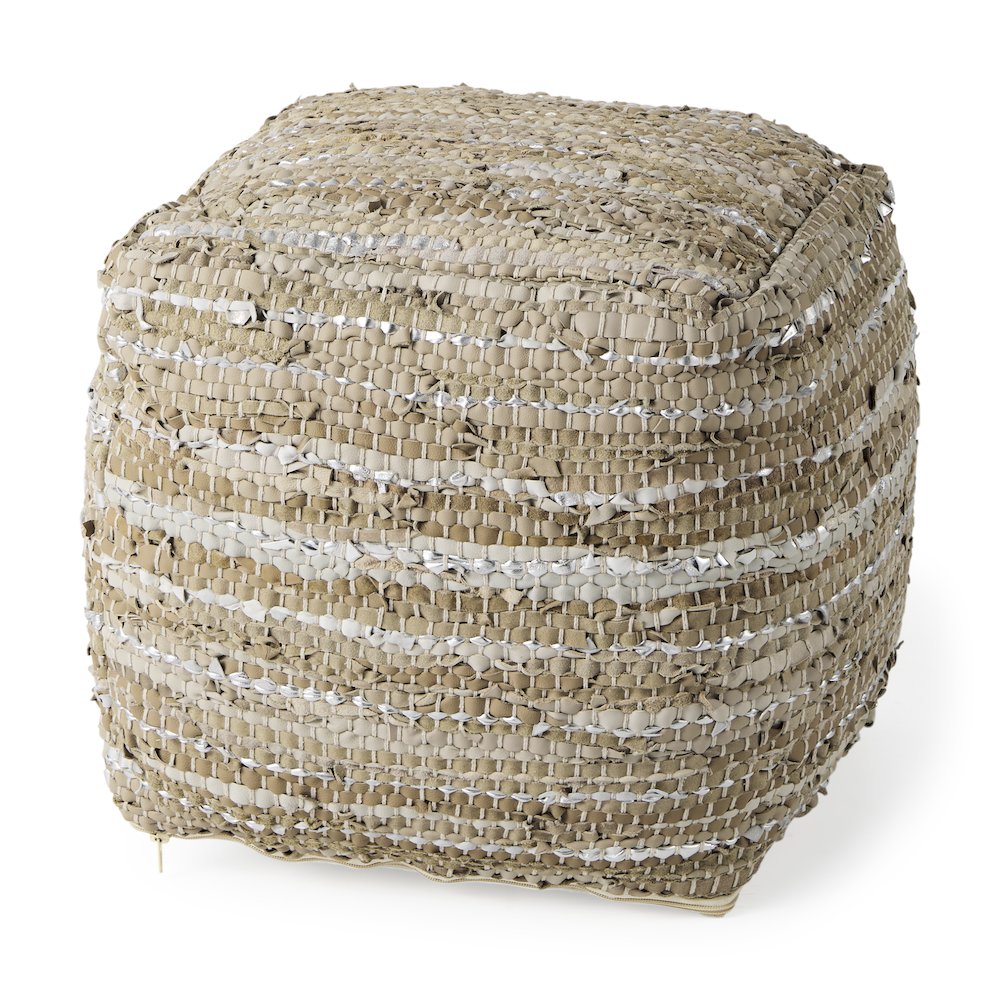 Aadhya 16.0L x 16.0W x 16.0H Taupe/Silver Leather and Cotton Pouf. Picture 1