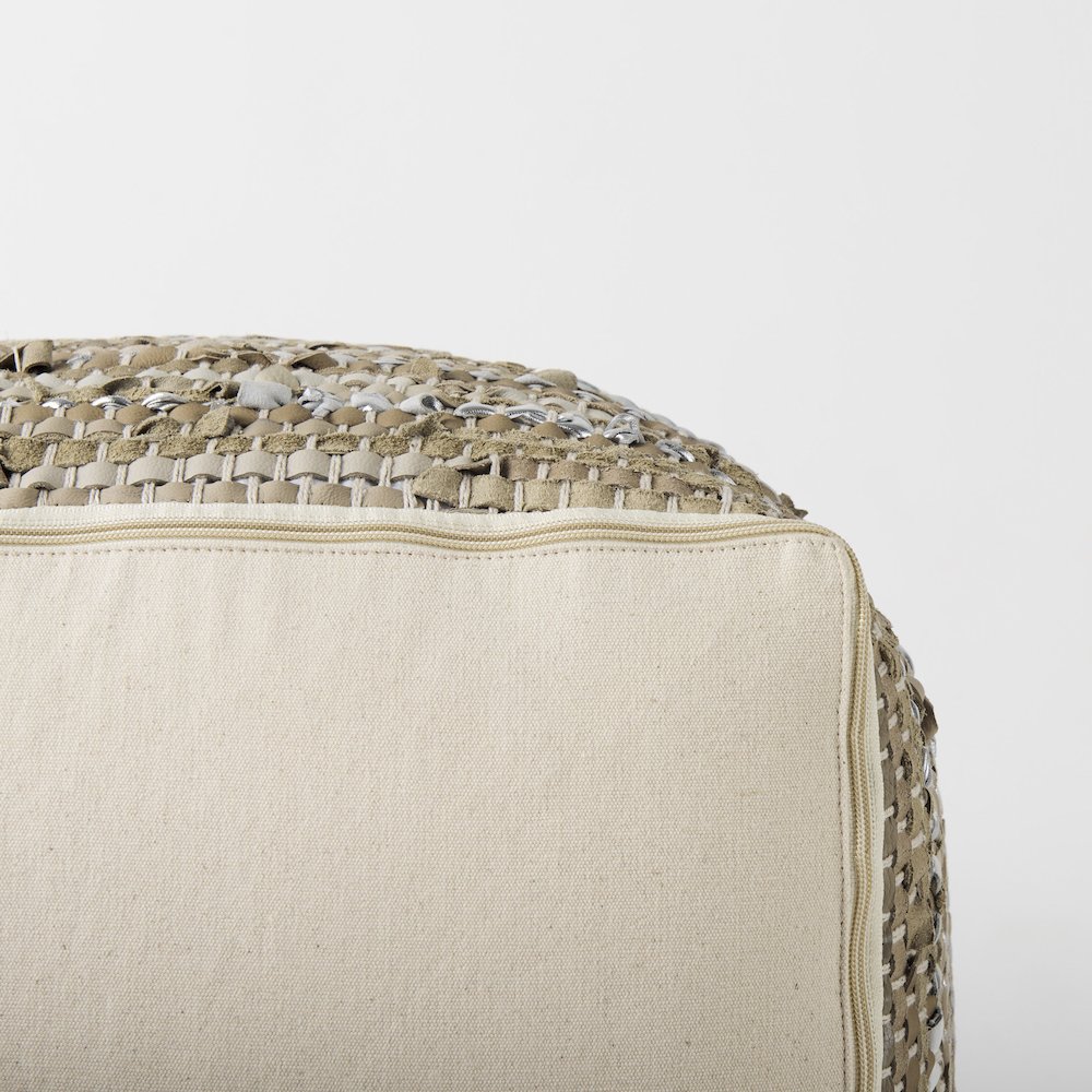 Aadhya 16.0L x 16.0W x 16.0H Taupe/Silver Leather and Cotton Pouf. Picture 2