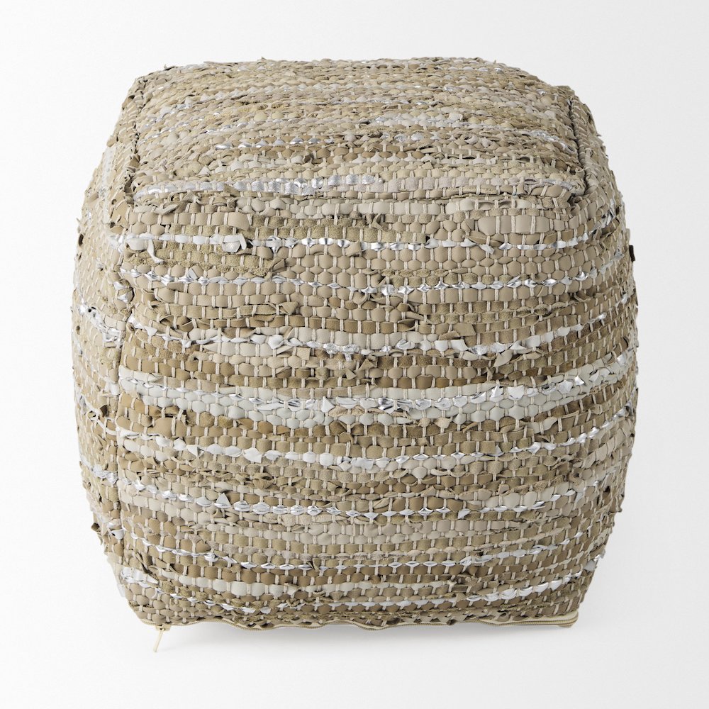 Aadhya 16.0L x 16.0W x 16.0H Taupe/Silver Leather and Cotton Pouf. Picture 4