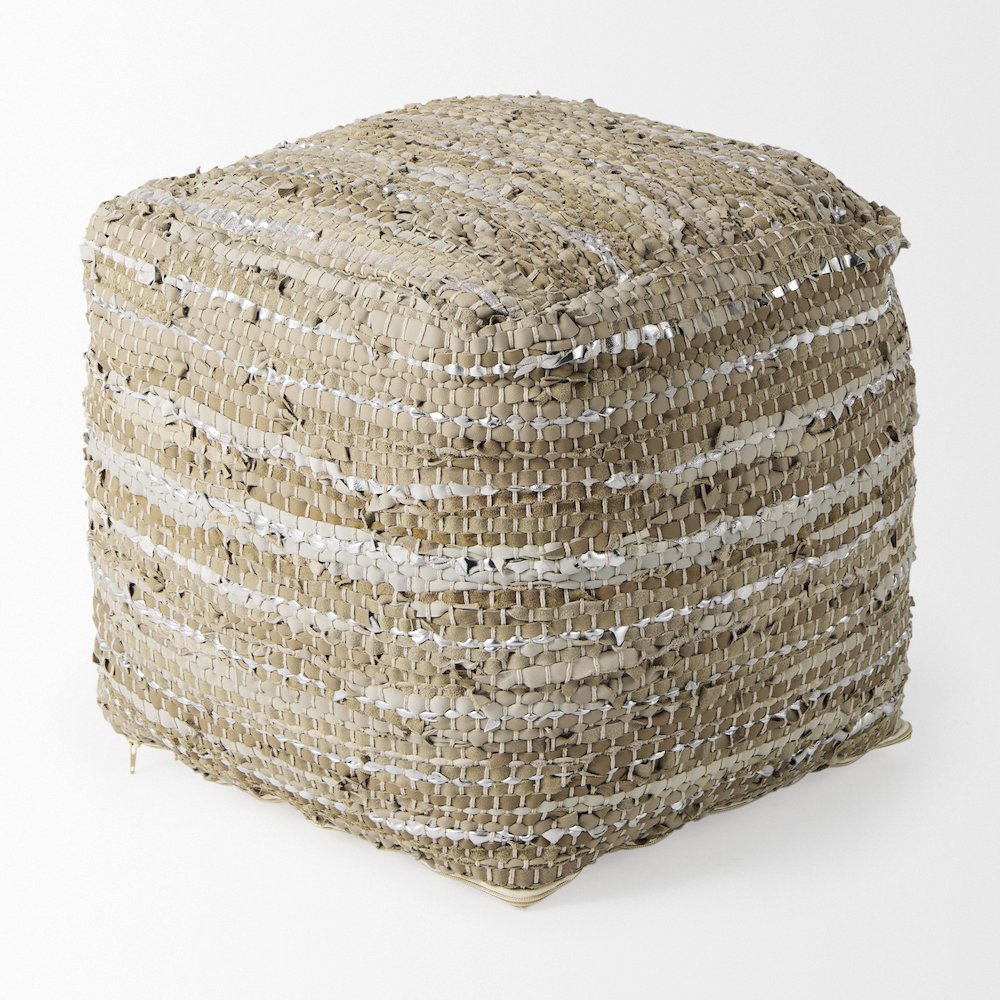 Aadhya 16.0L x 16.0W x 16.0H Taupe/Silver Leather and Cotton Pouf. Picture 5
