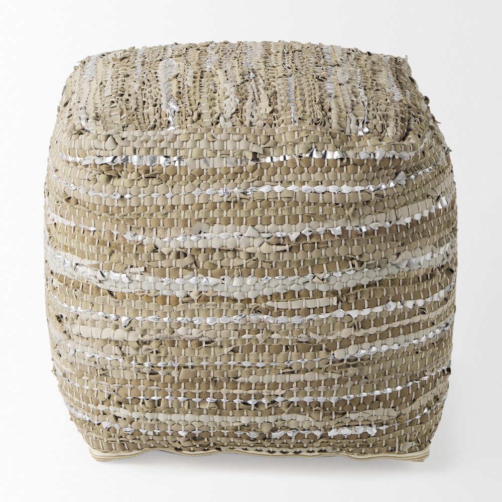 Aadhya 16.0L x 16.0W x 16.0H Taupe/Silver Leather and Cotton Pouf. Picture 6