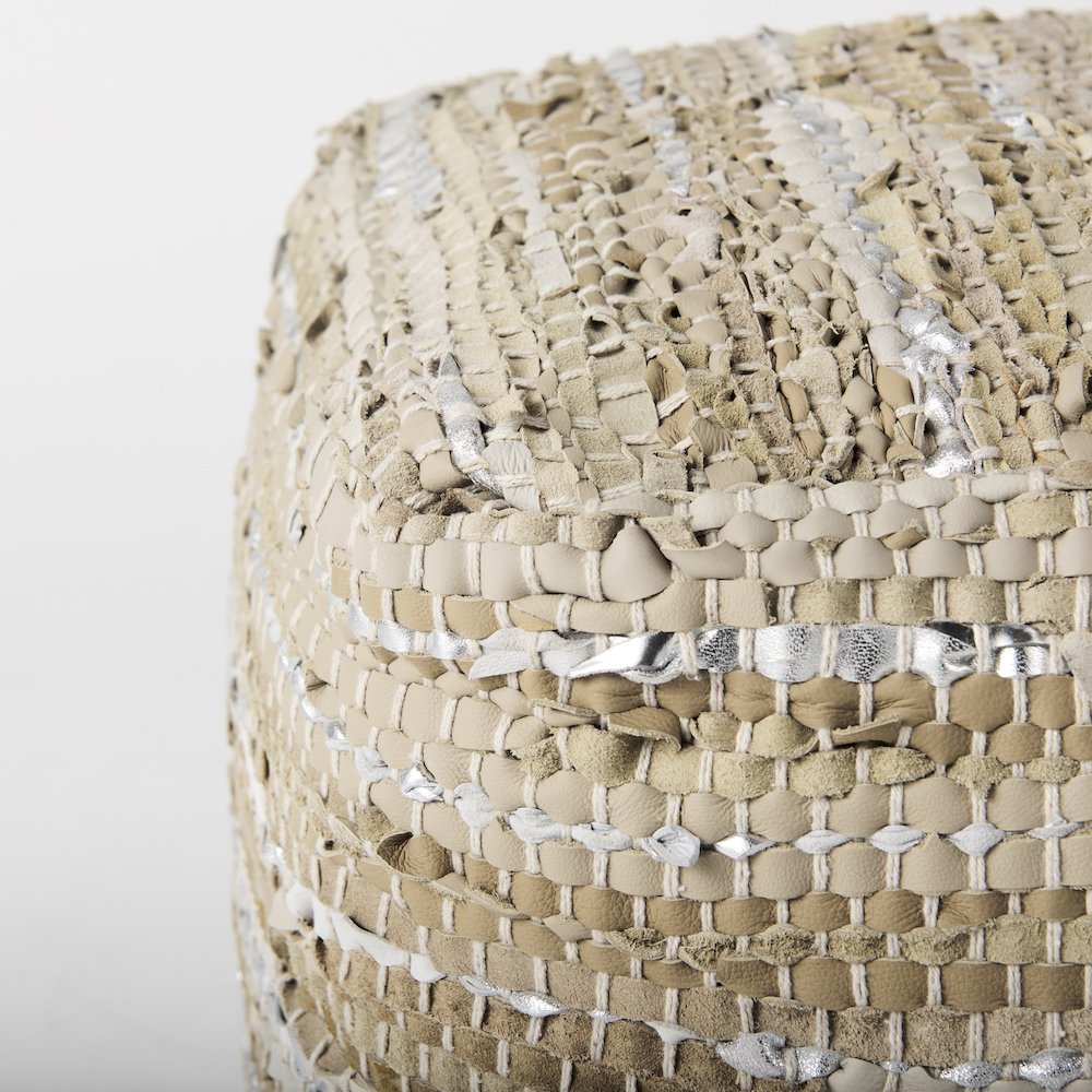 Aadhya 16.0L x 16.0W x 16.0H Taupe/Silver Leather and Cotton Pouf. Picture 7