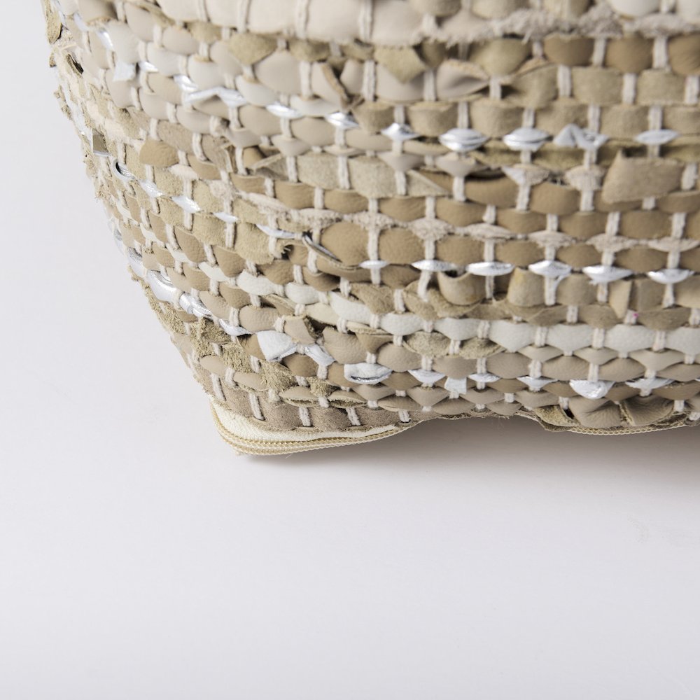 Aadhya 16.0L x 16.0W x 16.0H Taupe/Silver Leather and Cotton Pouf. Picture 10