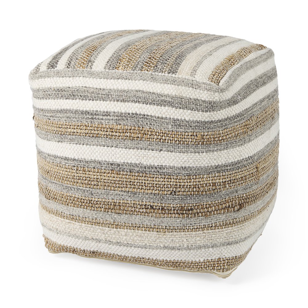 Aahana 16.0L x 16.0W x 16.0H White/Taupe/Gray Striped Hemp and Cotton Pouf. Picture 1