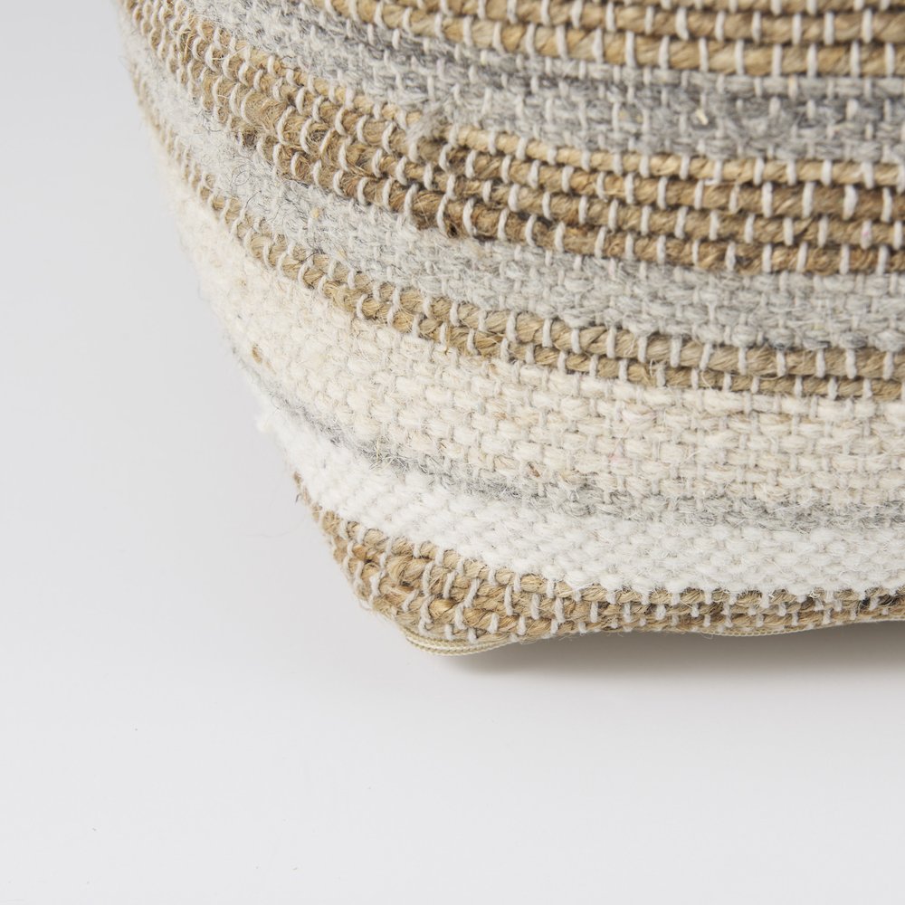 Aahana 16.0L x 16.0W x 16.0H White/Taupe/Gray Striped Hemp and Cotton Pouf. Picture 2