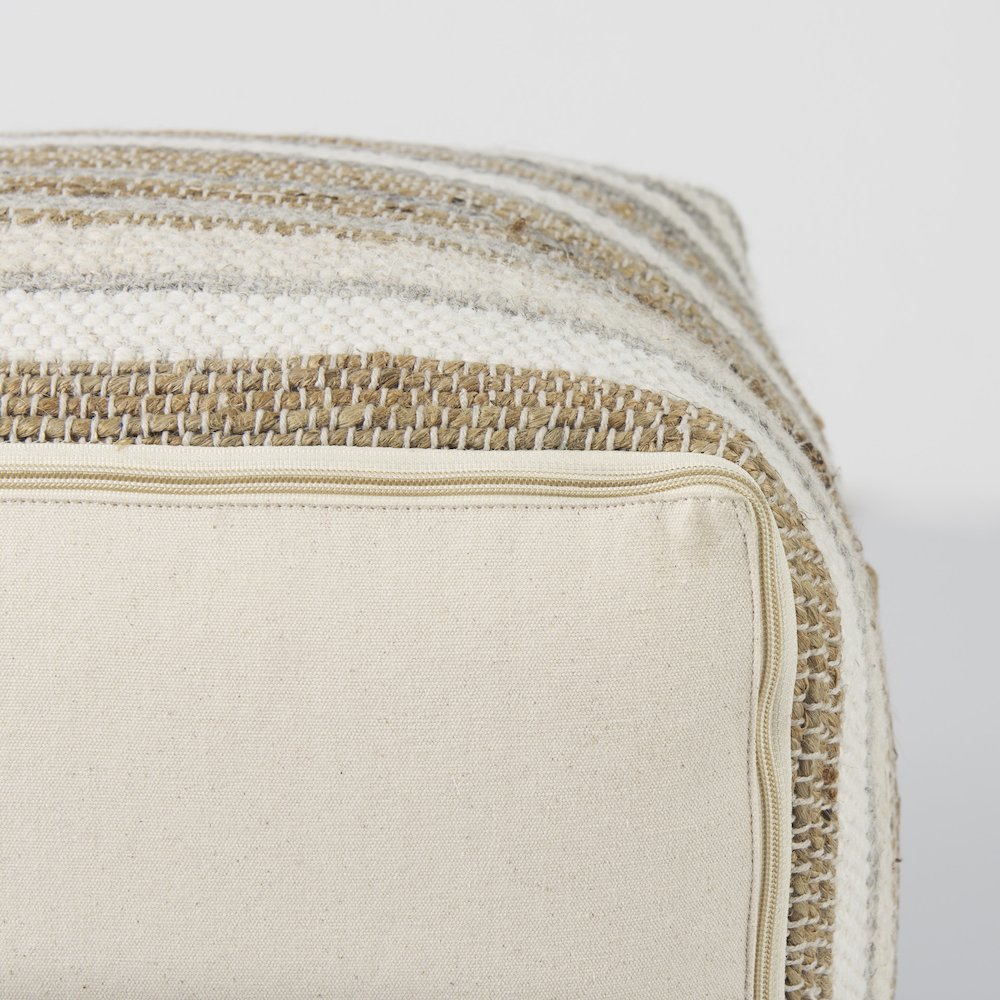 Aahana 16.0L x 16.0W x 16.0H White/Taupe/Gray Striped Hemp and Cotton Pouf. Picture 3