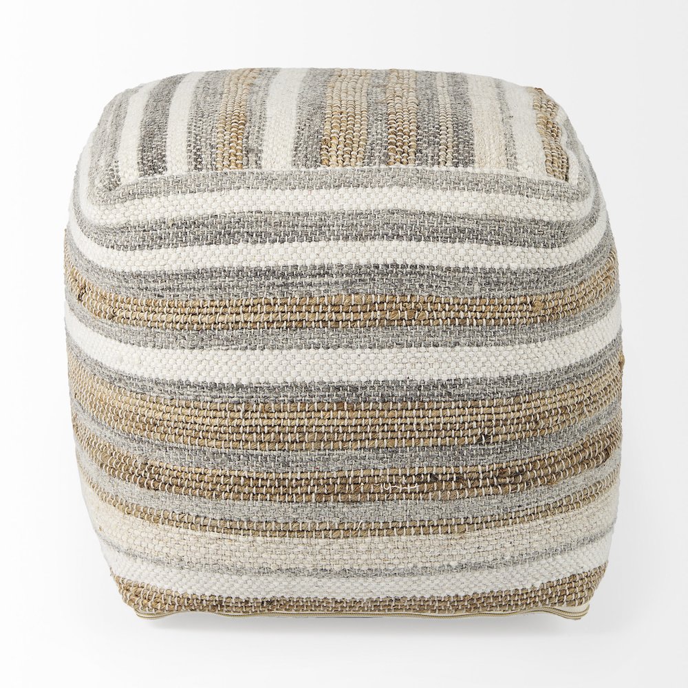 Aahana 16.0L x 16.0W x 16.0H White/Taupe/Gray Striped Hemp and Cotton Pouf. Picture 6