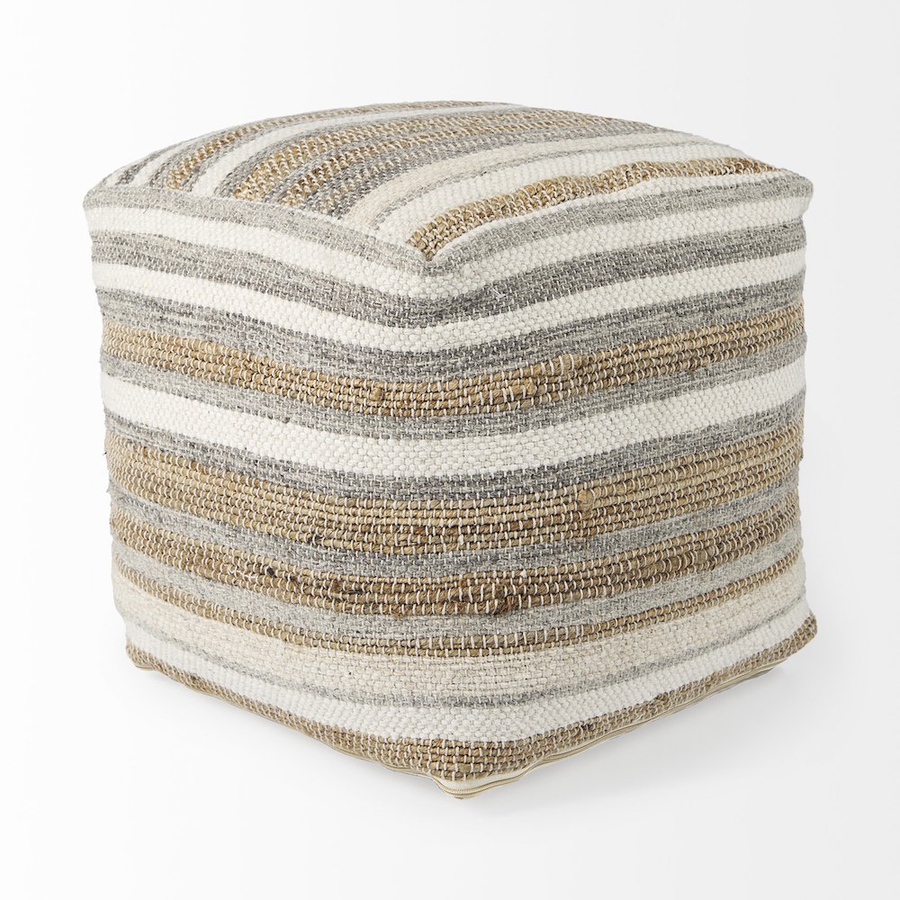 Aahana 16.0L x 16.0W x 16.0H White/Taupe/Gray Striped Hemp and Cotton Pouf. Picture 7