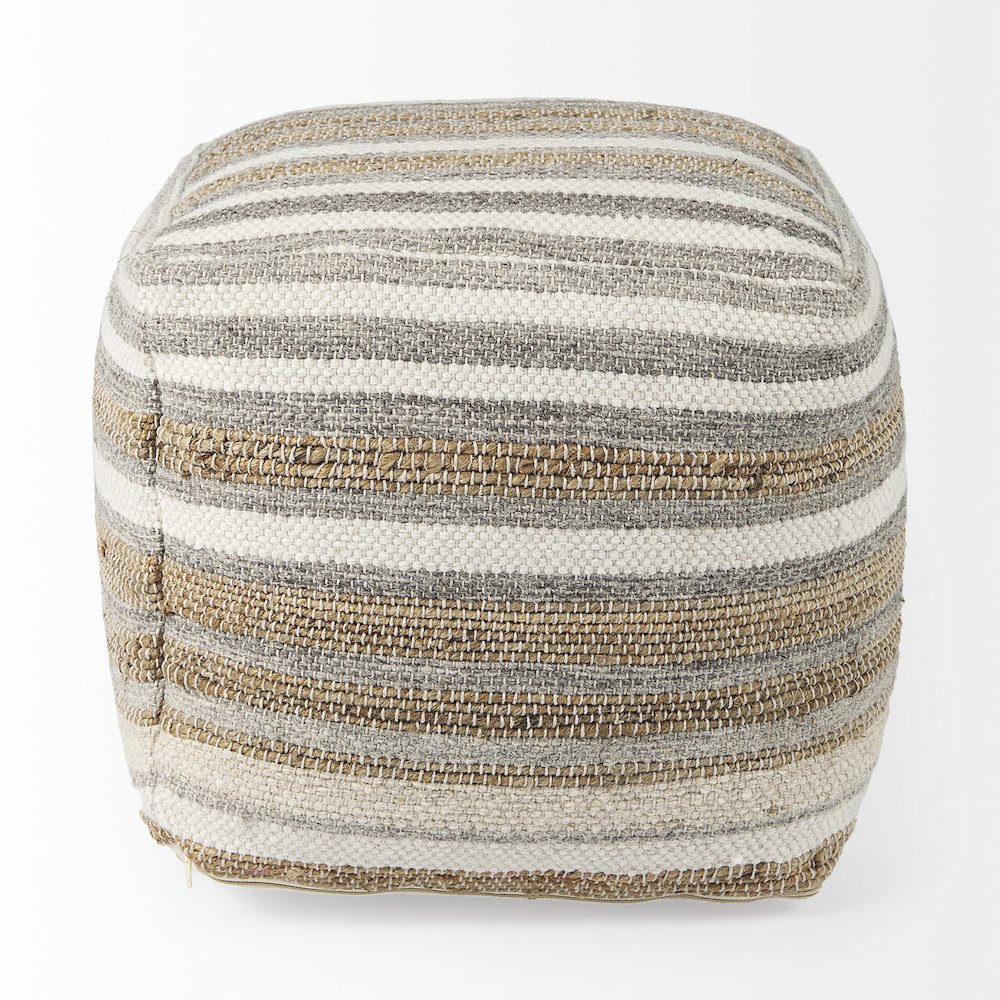 Aahana 16.0L x 16.0W x 16.0H White/Taupe/Gray Striped Hemp and Cotton Pouf. Picture 8