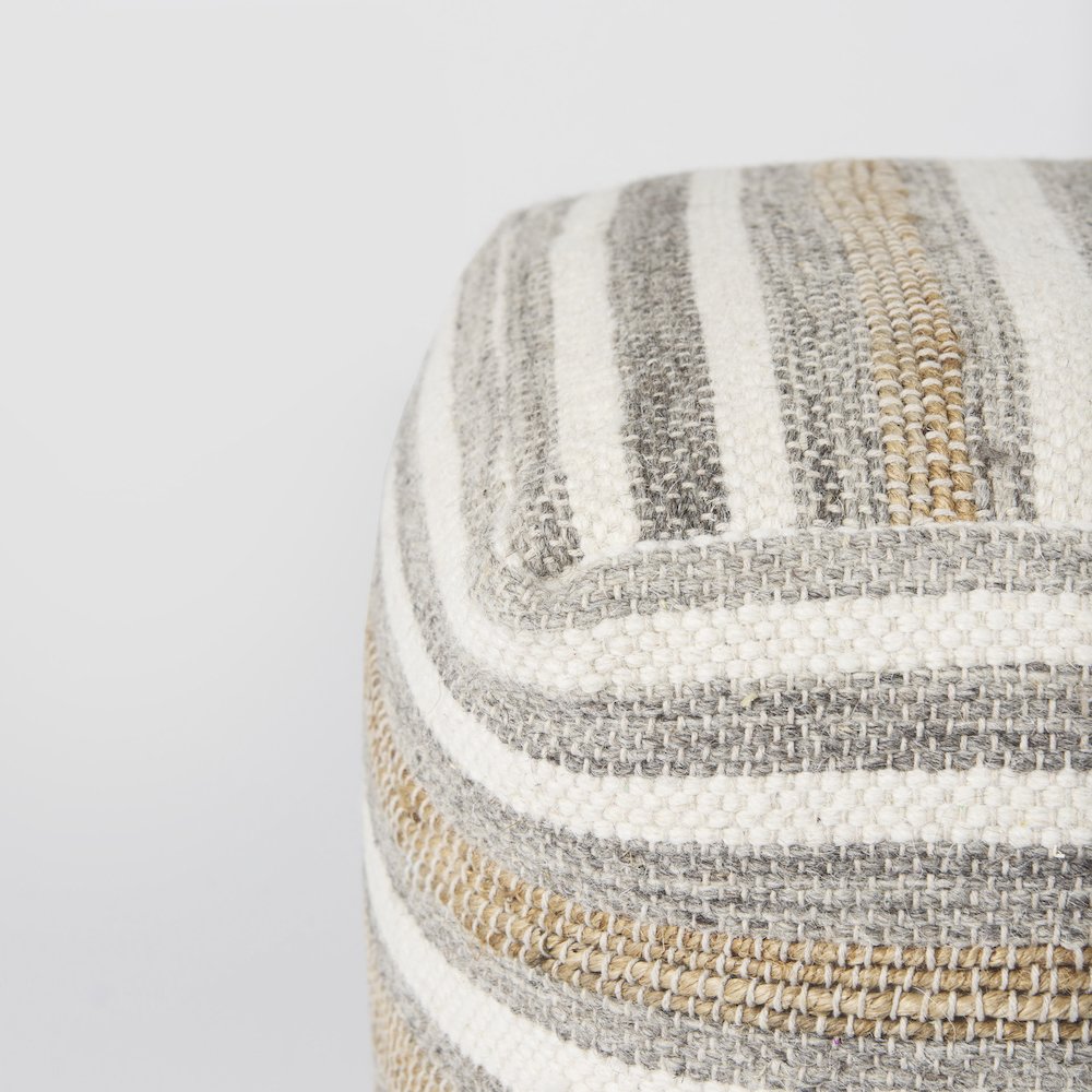 Aahana 16.0L x 16.0W x 16.0H White/Taupe/Gray Striped Hemp and Cotton Pouf. Picture 9