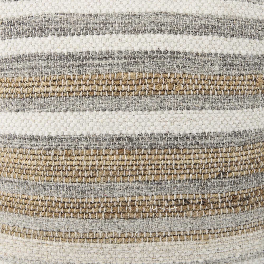 Aahana 16.0L x 16.0W x 16.0H White/Taupe/Gray Striped Hemp and Cotton Pouf. Picture 11