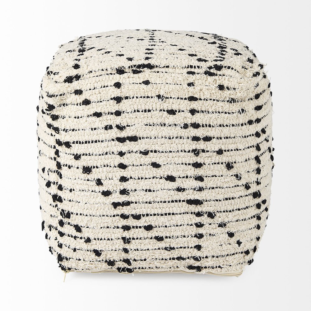 Aaroh16.0L x 16.0W x 16.0H Cream/Black Cotton Patterned Pouf. Picture 8