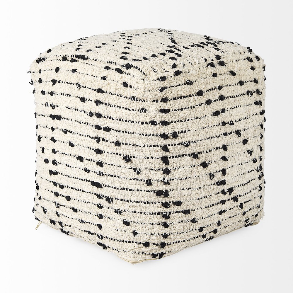 Aaroh16.0L x 16.0W x 16.0H Cream/Black Cotton Patterned Pouf. Picture 9