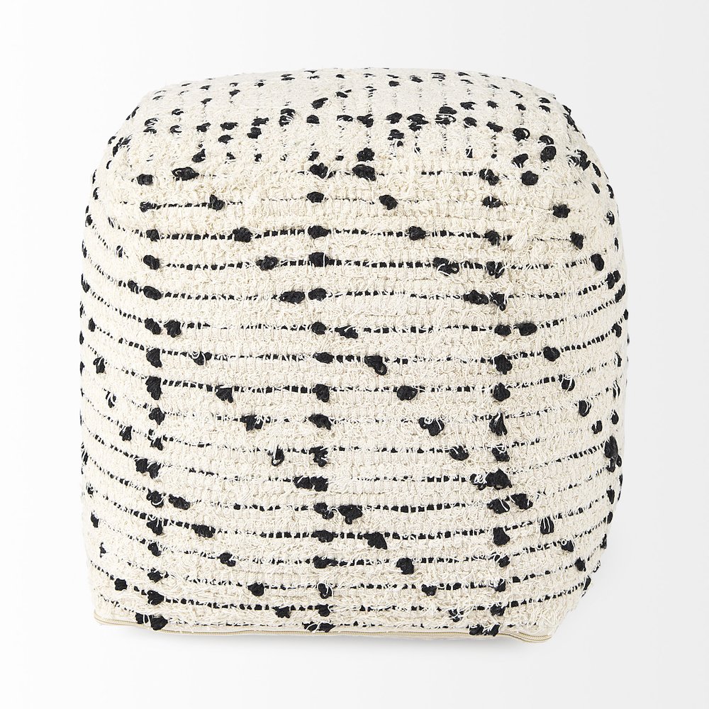 Aaroh16.0L x 16.0W x 16.0H Cream/Black Cotton Patterned Pouf. Picture 10