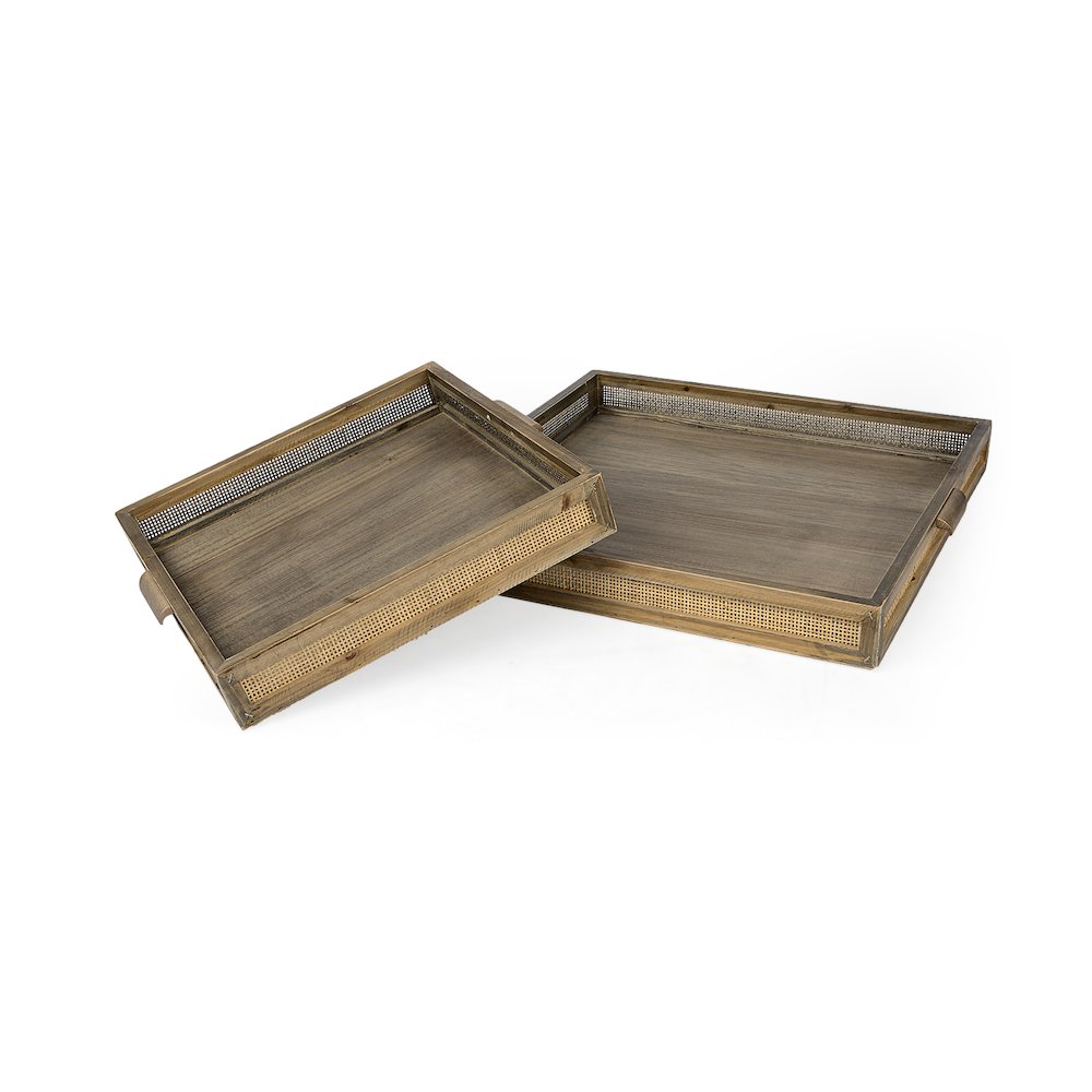 Sonny 23.6L x 23.6W x 2.0H Set of Two Brown Wood and Wicker Square Trays. Picture 1