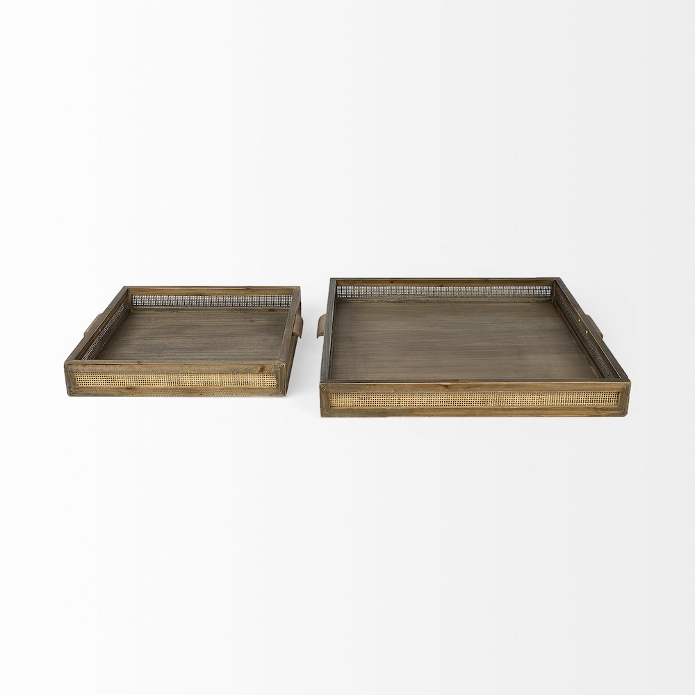Sonny 23.6L x 23.6W x 2.0H Set of Two Brown Wood and Wicker Square Trays. Picture 2