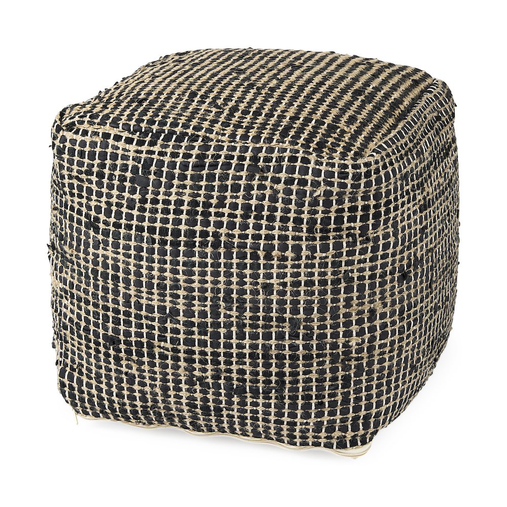 Aalia 16.0L x 16.0W x 16.0H Charcoal Leather and Jute Pouf. Picture 1