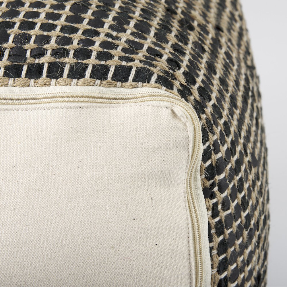 Aalia 16.0L x 16.0W x 16.0H Charcoal Leather and Jute Pouf. Picture 2