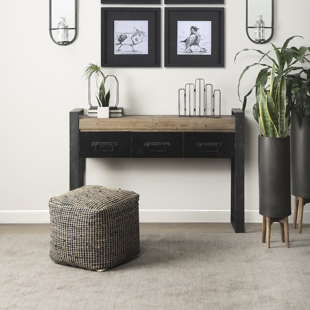 Aalia 16.0L x 16.0W x 16.0H Charcoal Leather and Jute Pouf. Picture 3