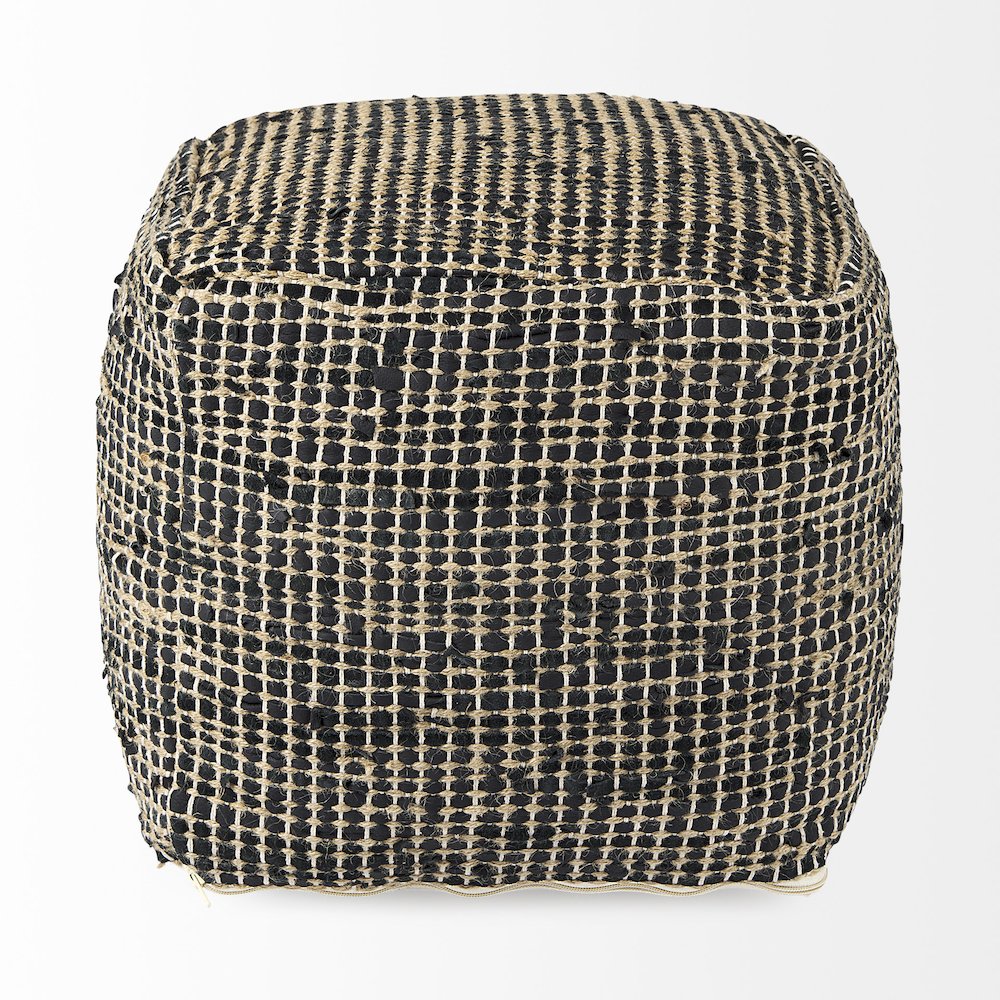 Aalia 16.0L x 16.0W x 16.0H Charcoal Leather and Jute Pouf. Picture 4