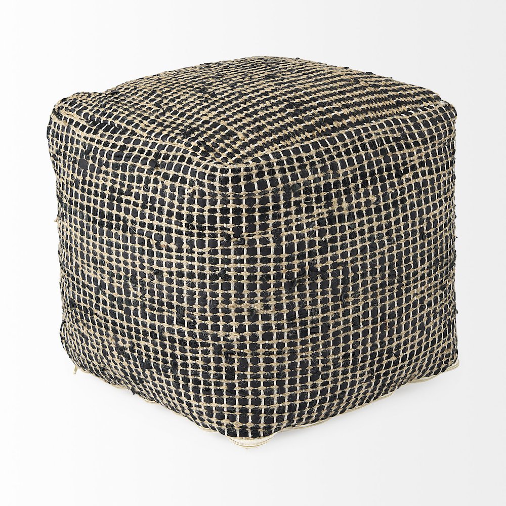 Aalia 16.0L x 16.0W x 16.0H Charcoal Leather and Jute Pouf. Picture 5